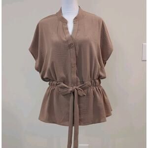 Fashion Nova Women's M Short Sleeve Blouse Tie Waist Tan Office City